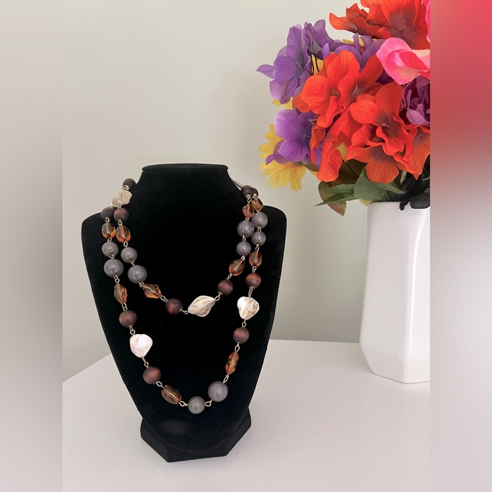 Elegant Brown Gold and Grey Beaded Necklace